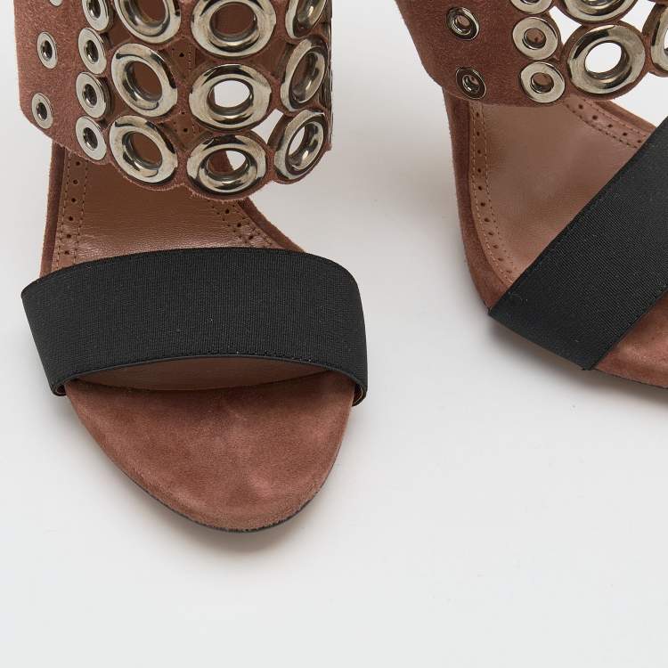Pre Owned Alaia Brown Suede Eyelet Ankle Wrap Sandals Size 38.5