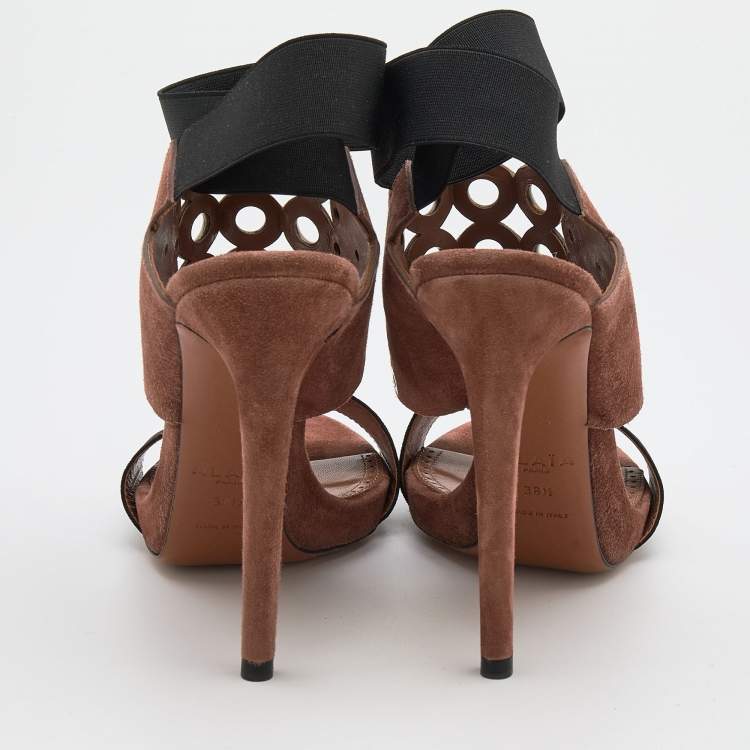 Pre Owned Alaia Brown Suede Eyelet Ankle Wrap Sandals Size 38.5