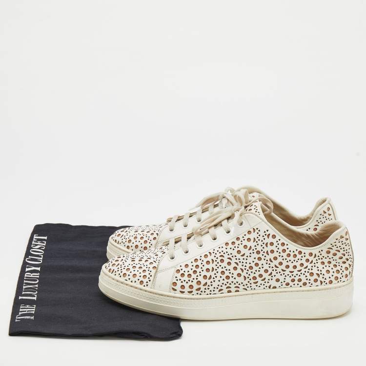 Pre Owned Alaia White Laser Cut Leather Low Top Sneakers Size 38