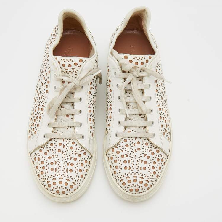 Pre Owned Alaia White Laser Cut Leather Low Top Sneakers Size 38