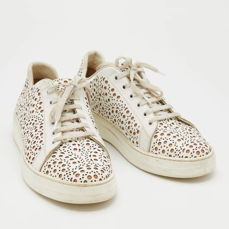 Pre Owned Alaia White Laser Cut Leather Low Top Sneakers Size 38
