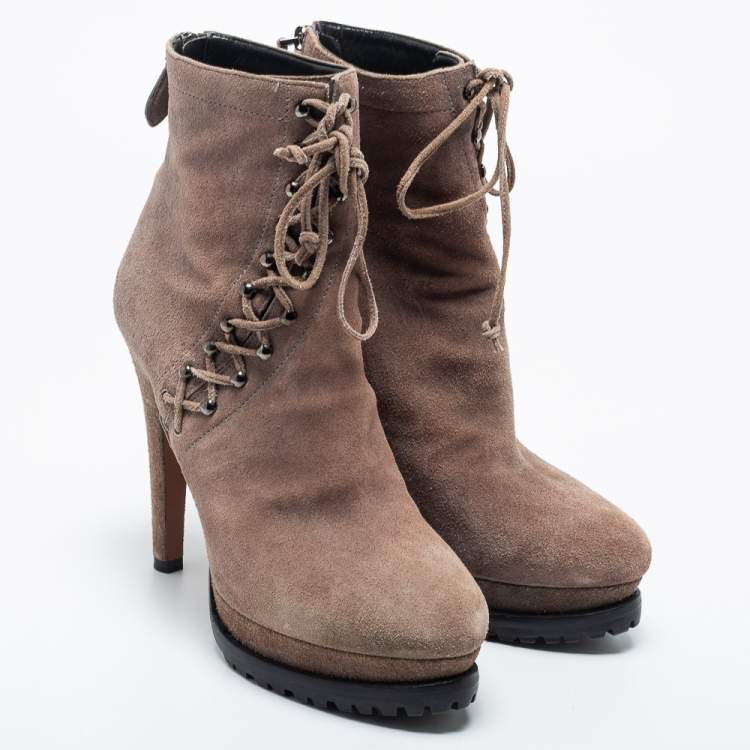 Pre Owned Alaia Beige Suede Studded Lace Up Platform Booties Size 40