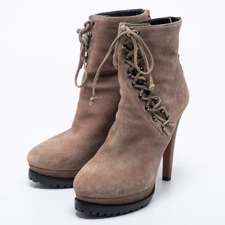 Pre Owned Alaia Beige Suede Studded Lace Up Platform Booties Size 40