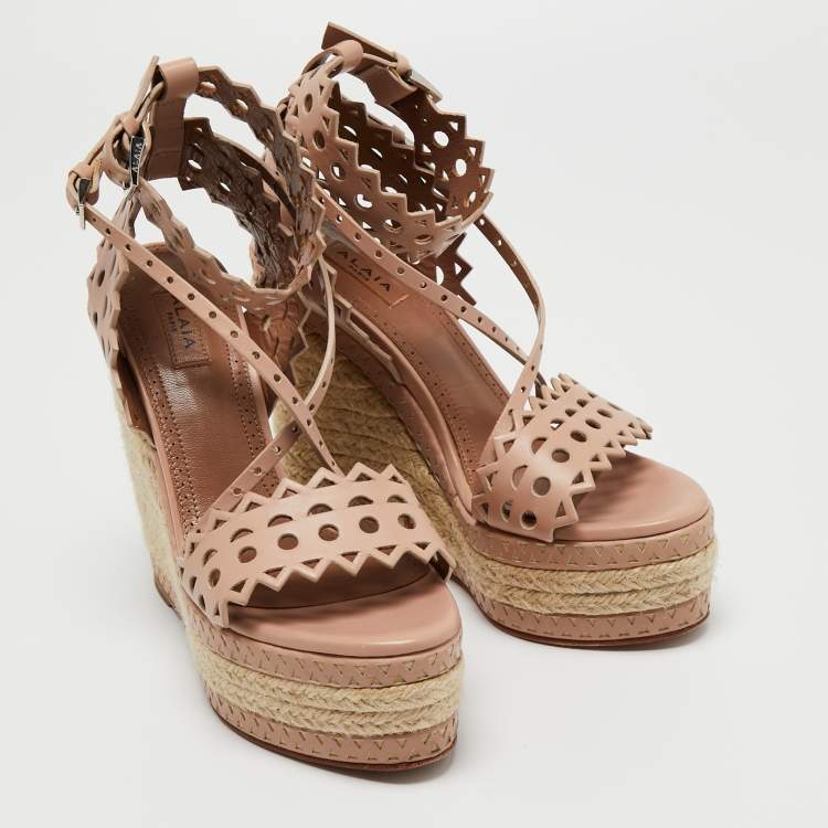 Pre Owned Alaia Beige Laser-Cut Leather Ankle-Strap Espadrille Sandals Size 35