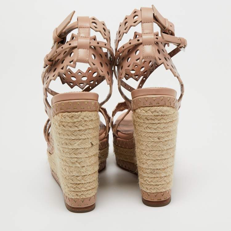 Pre Owned Alaia Beige Laser-Cut Leather Ankle-Strap Espadrille Sandals Size 35
