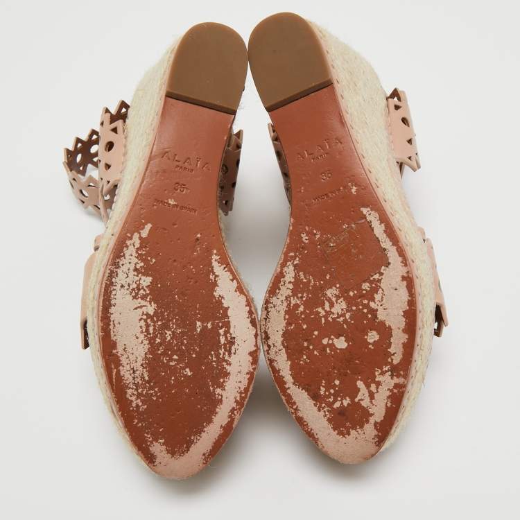 Pre Owned Alaia Beige Laser-Cut Leather Ankle-Strap Espadrille Sandals Size 35