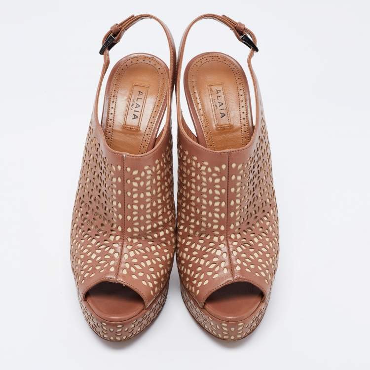 مملوكة مسبقًا Alaia Brown/Beige Leather Peep Toe  Ankle Strap Sandals Size  36.5