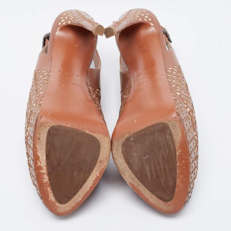 مملوكة مسبقًا Alaia Brown/Beige Leather Peep Toe  Ankle Strap Sandals Size  36.5