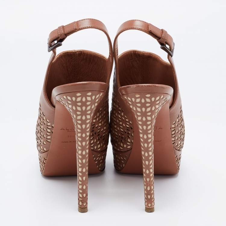 مملوكة مسبقًا Alaia Brown/Beige Leather Peep Toe  Ankle Strap Sandals Size  36.5