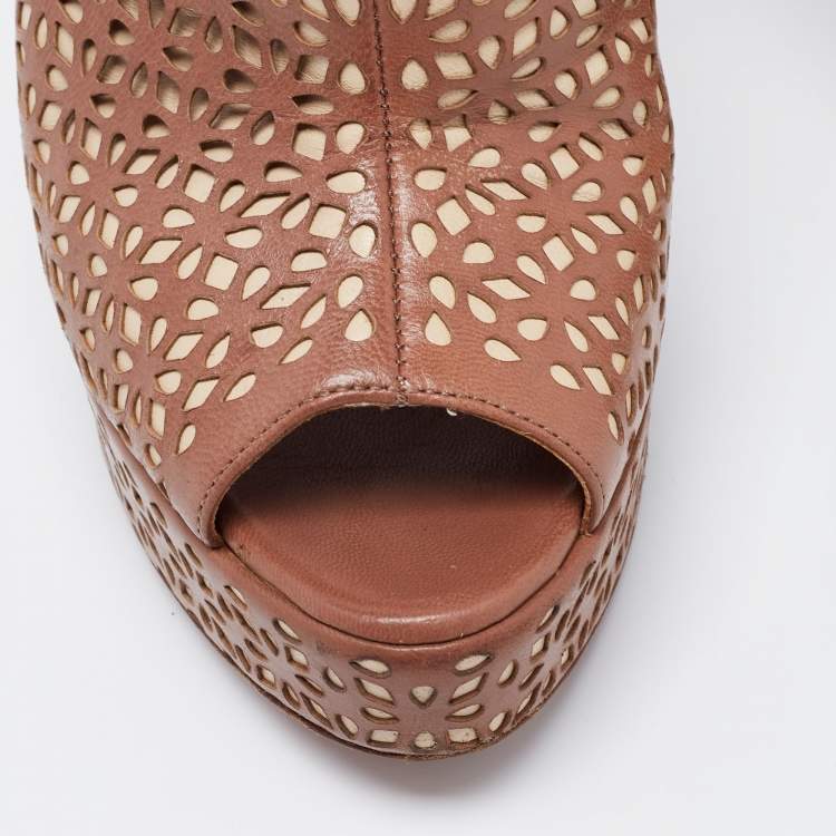 مملوكة مسبقًا Alaia Brown/Beige Leather Peep Toe  Ankle Strap Sandals Size  36.5