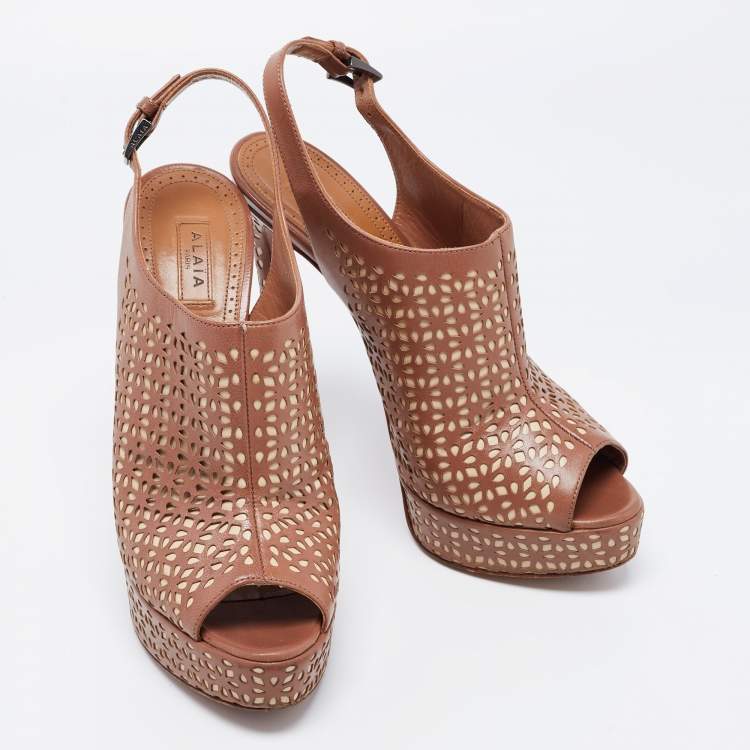 مملوكة مسبقًا Alaia Brown/Beige Leather Peep Toe  Ankle Strap Sandals Size  36.5