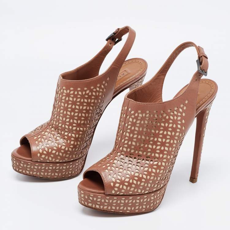 مملوكة مسبقًا Alaia Brown/Beige Leather Peep Toe  Ankle Strap Sandals Size  36.5