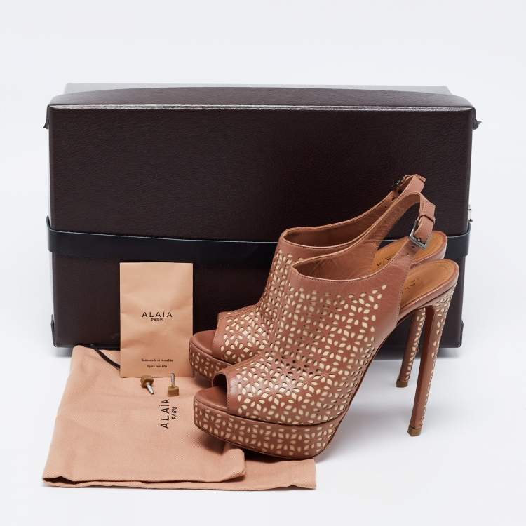مملوكة مسبقًا Alaia Brown/Beige Leather Peep Toe  Ankle Strap Sandals Size  36.5