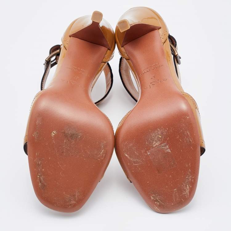 Pre Owned Alaia Caramel Patent Leather T Strap Sandals Size 37