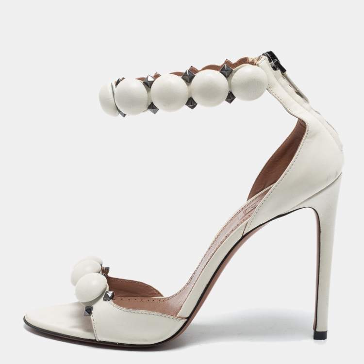 Pre Owned Alaia White Leather Bombe Stud Embellished Open Toe Sandals  Size 38