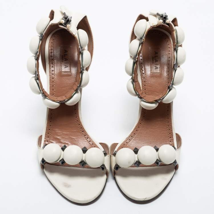 Pre Owned Alaia White Leather Bombe Stud Embellished Open Toe Sandals  Size 38