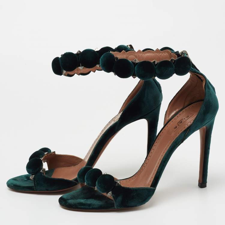Pre Owned Alaia Green Velvet Bombe Ankle Strap Sandals Size 37.5