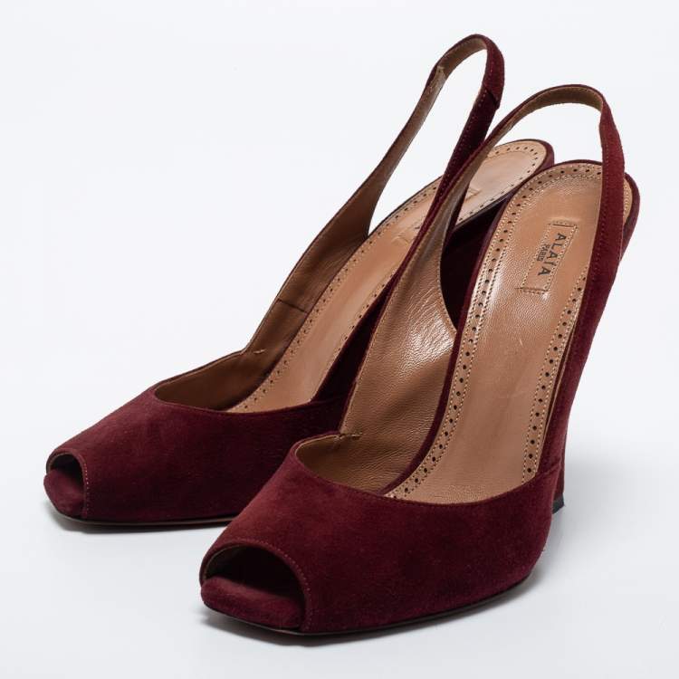 Pre Owned Alaia Burgundy Suede Wedge Slingback Pumps Size 40