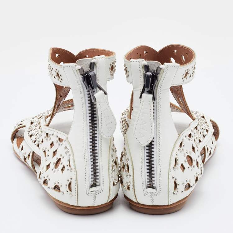 Pre Owned Alaia White Leather Embellished Flat Sandals Size 36