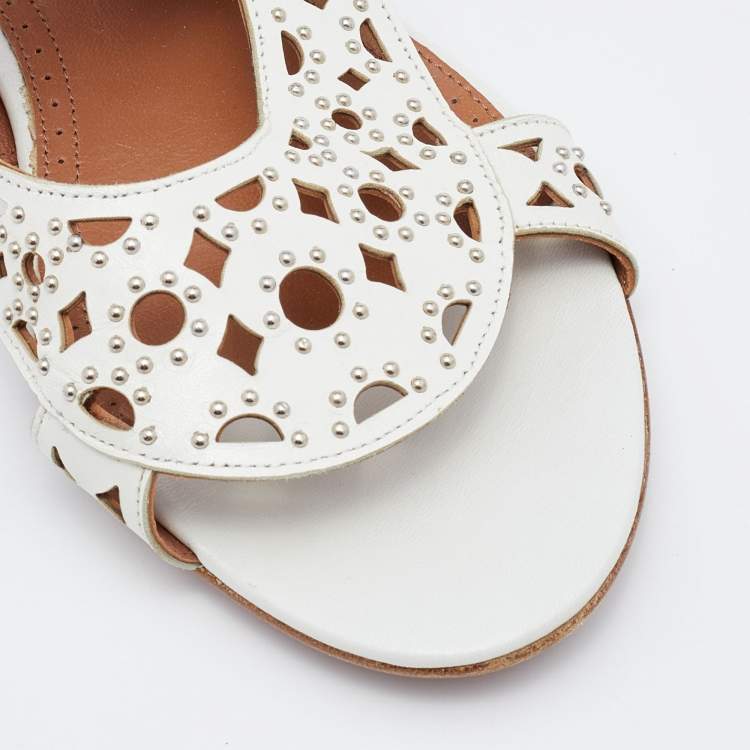 Pre Owned Alaia White Leather Embellished Flat Sandals Size 36