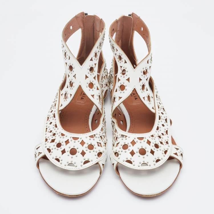 Pre Owned Alaia White Leather Embellished Flat Sandals Size 36
