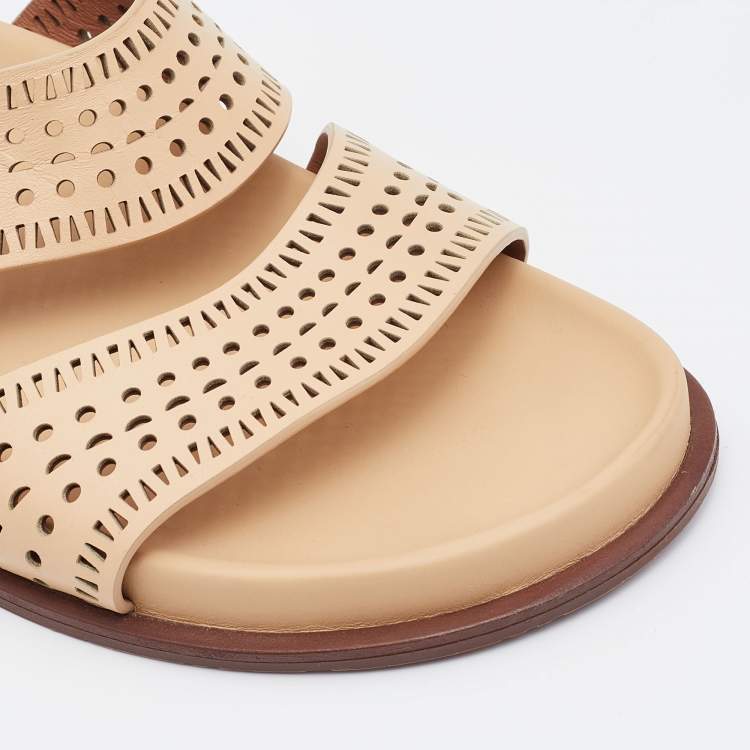 Pre Owned Alaia Beige Perforated Leather Flat Slides Size 36.5