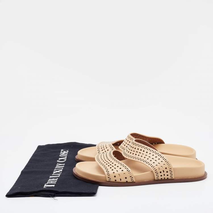 Pre Owned Alaia Beige Perforated Leather Flat Slides Size 36.5