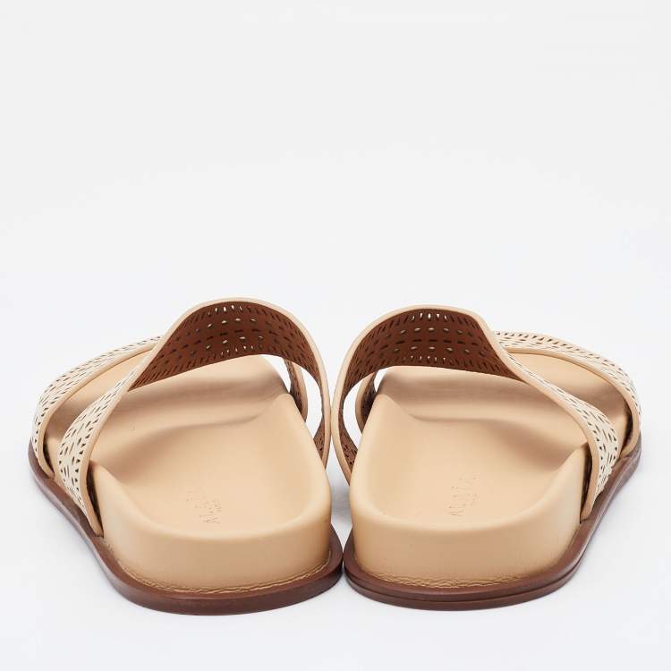 Pre Owned Alaia Beige Perforated Leather Flat Slides Size 36.5