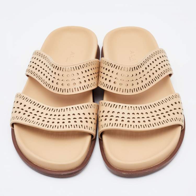 Pre Owned Alaia Beige Perforated Leather Flat Slides Size 36.5