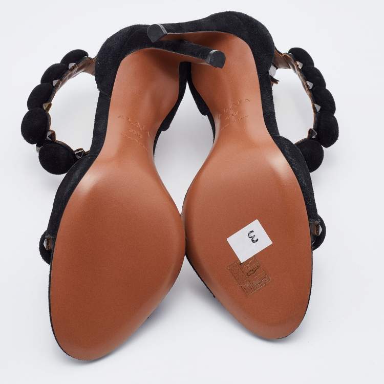 Pre Owned Alaia Black Suede Leather Chamois Bombe Ankle Cuff Sandals Size 36.5