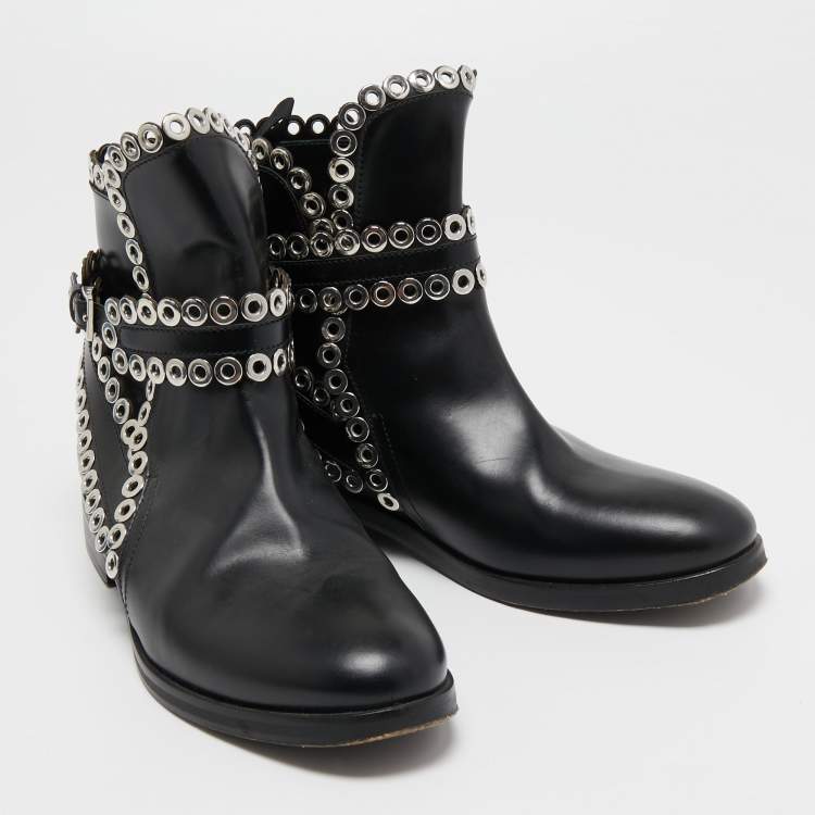 Pre Owned Alaia Black Leather Studded Ankle Boots Size 36
