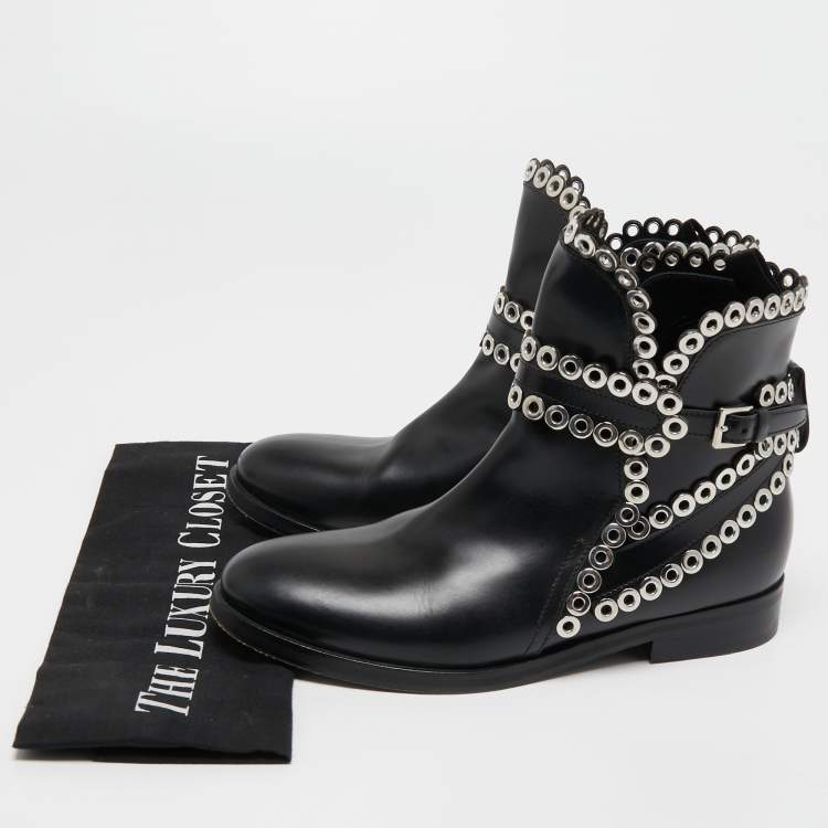 Pre Owned Alaia Black Leather Studded Ankle Boots Size 36