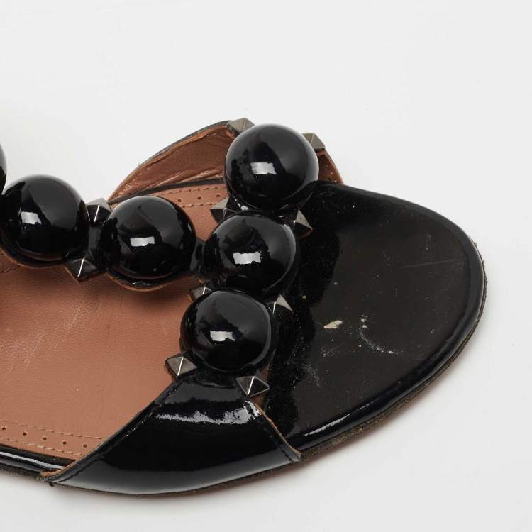 Pre Owned Alaia Black Patent Leather Bombe Flat Ankle Strap Sandals Size 38