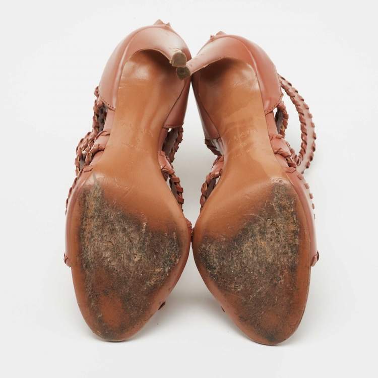 Pre Owned Alaia Brown Leather Whipstitch Trim Cut Out Sandals Size 38