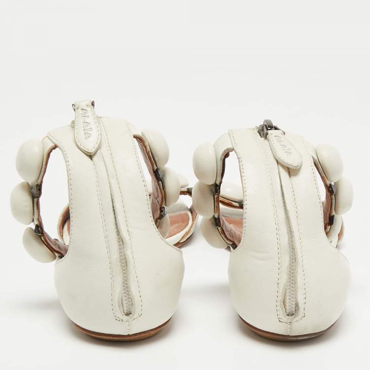 Pre Owned Alaia White Leather Bombe Flat Ankle Strap Sandals Size 38