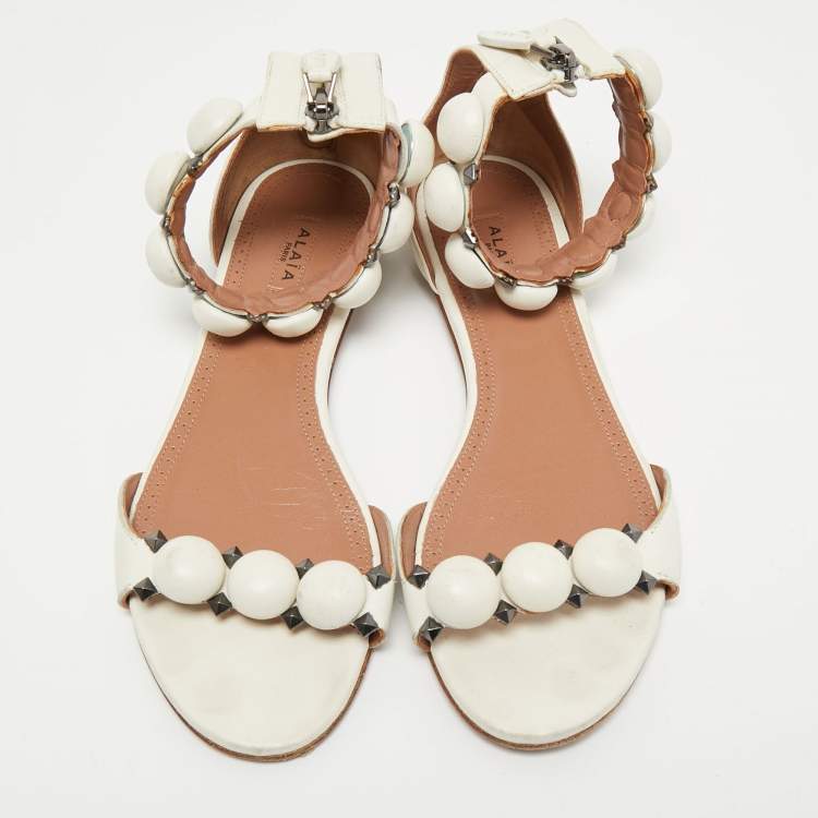 Pre Owned Alaia White Leather Bombe Flat Ankle Strap Sandals Size 38