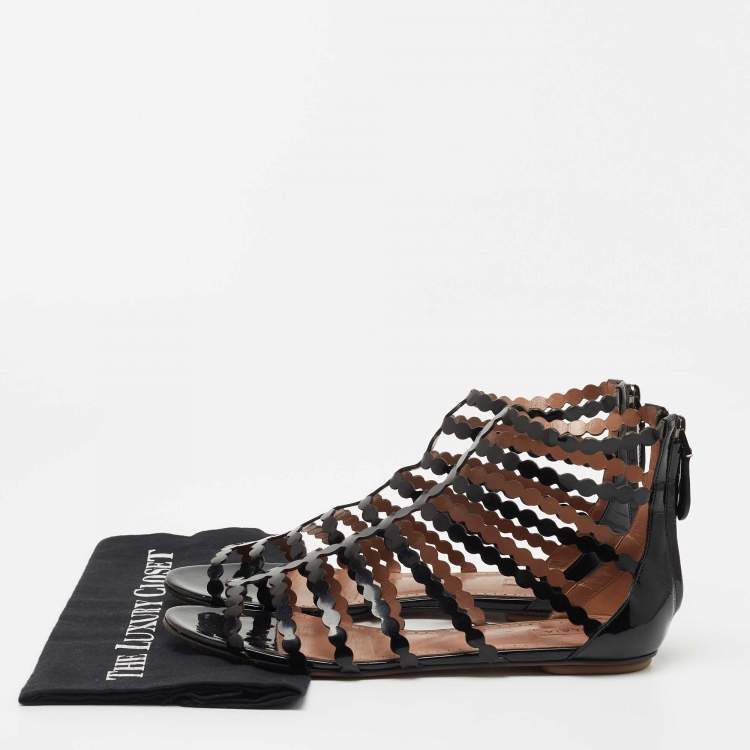 Pre Owned Alaïa Black Patent Leather Cage Flat Sandals Size 39.5