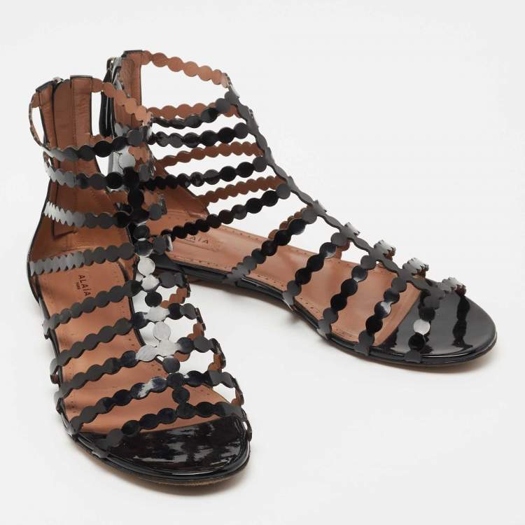 Pre Owned Alaïa Black Patent Leather Cage Flat Sandals Size 39.5