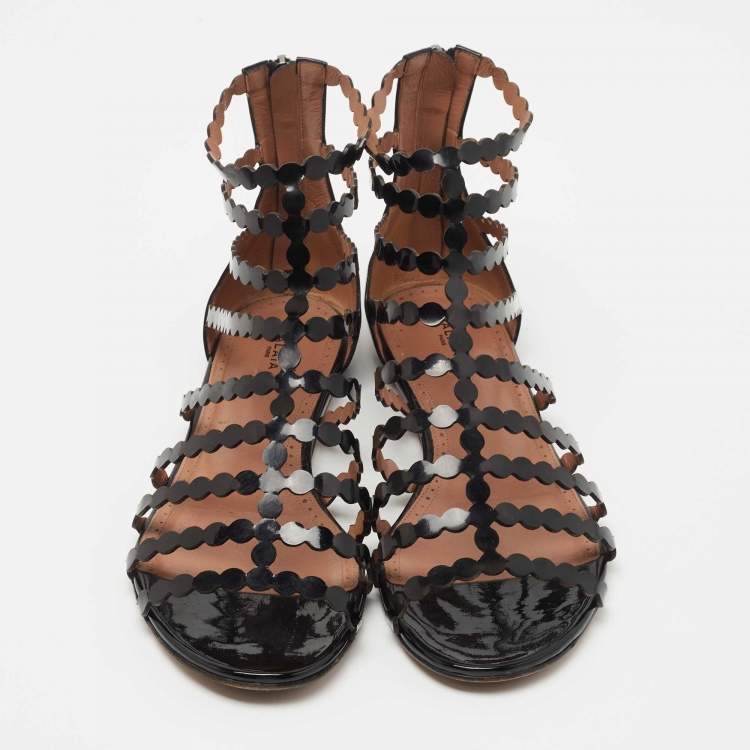 Pre Owned Alaïa Black Patent Leather Cage Flat Sandals Size 39.5