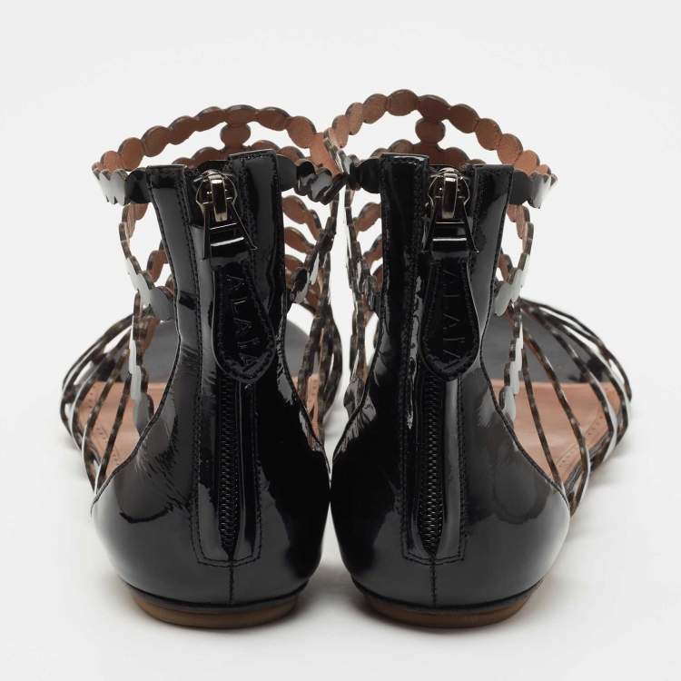 Pre Owned Alaïa Black Patent Leather Cage Flat Sandals Size 39.5
