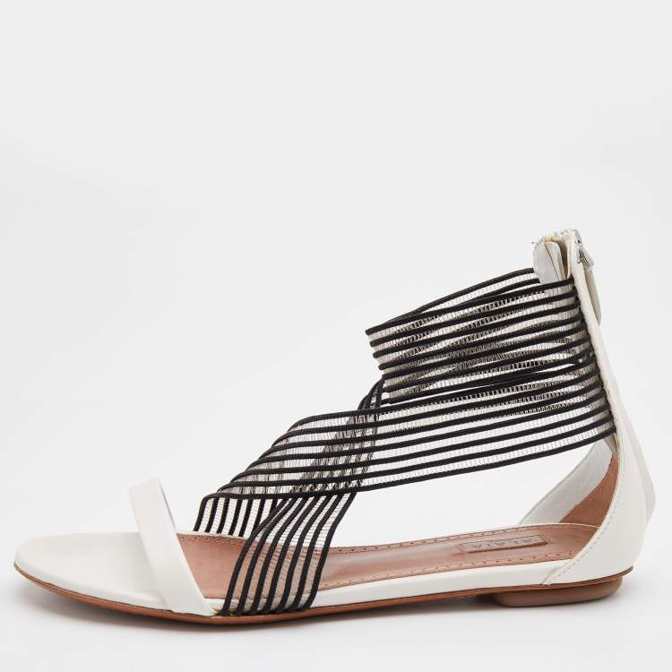 Pre Owned Alaia White/Black Leather and Stretch Fabric Ankle Strap Flats Size 37.5