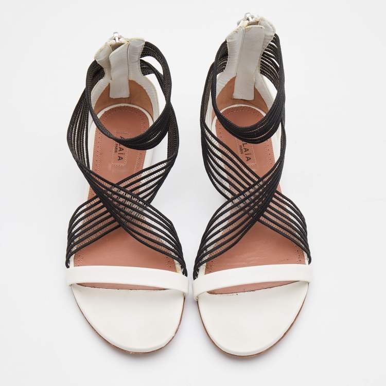 Pre Owned Alaia White/Black Leather and Stretch Fabric Ankle Strap Flats Size 37.5