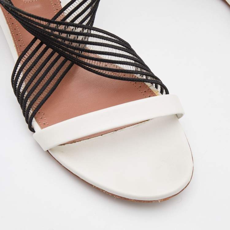 Pre Owned Alaia White/Black Leather and Stretch Fabric Ankle Strap Flats Size 37.5
