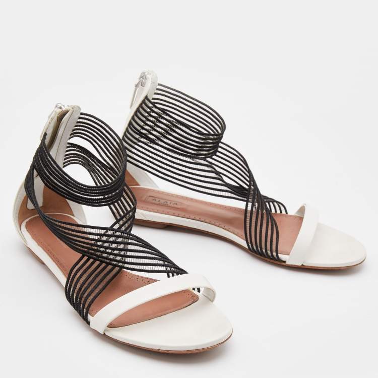 Pre Owned Alaia White/Black Leather and Stretch Fabric Ankle Strap Flats Size 37.5