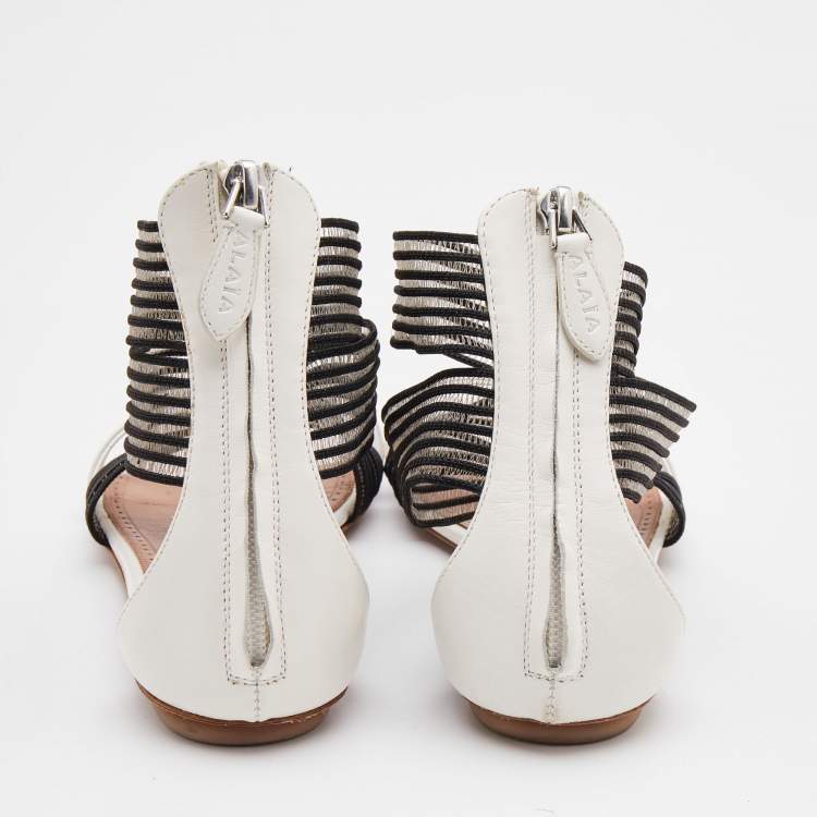 Pre Owned Alaia White/Black Leather and Stretch Fabric Ankle Strap Flats Size 37.5