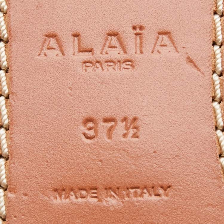 Pre Owned Alaia White/Black Leather and Stretch Fabric Ankle Strap Flats Size 37.5