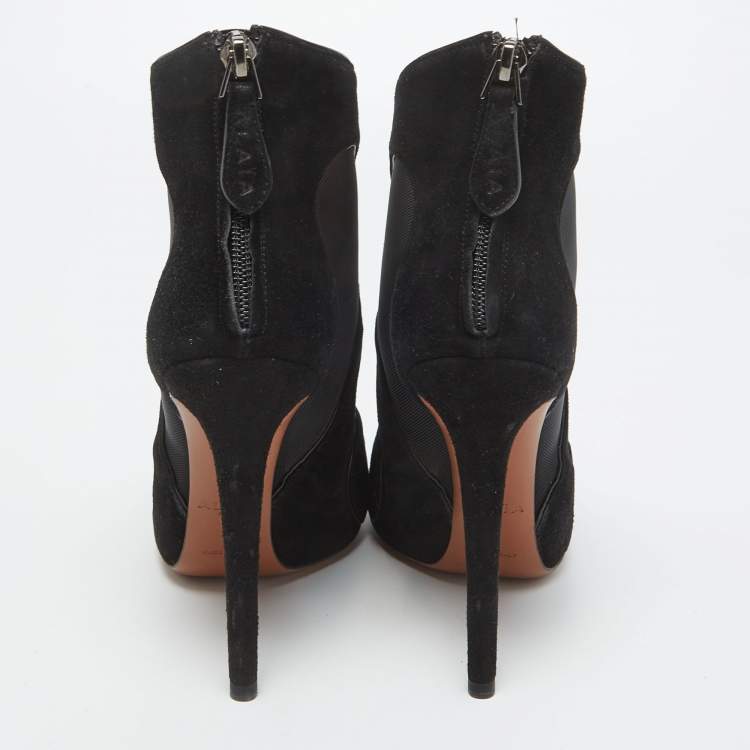 Pre Owned Alaia Black  Suede and Mesh Ankle Boots Size 38