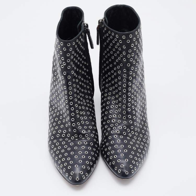 Pre Owned Alaia Black Leather Eyelet Zip Booties Size 39.5