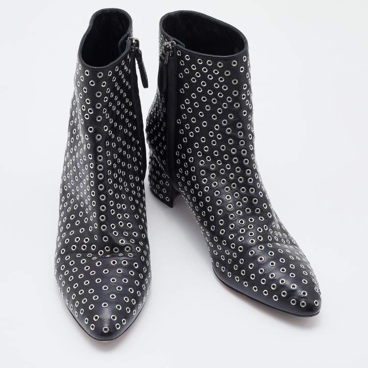 Pre Owned Alaia Black Leather Eyelet Zip Booties Size 39.5
