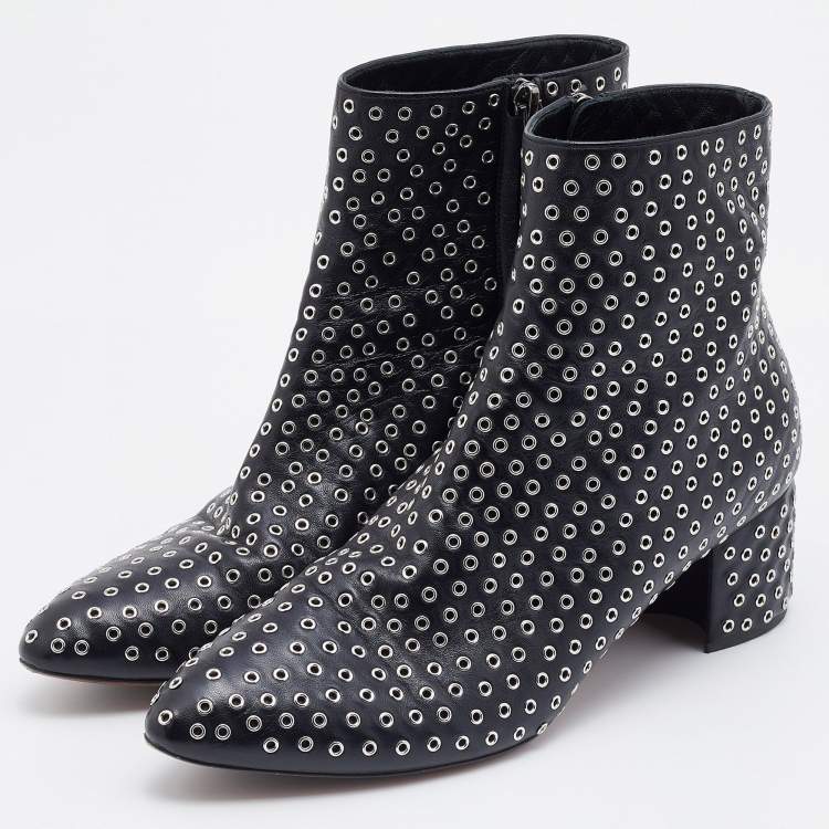 Pre Owned Alaia Black Leather Eyelet Zip Booties Size 39.5